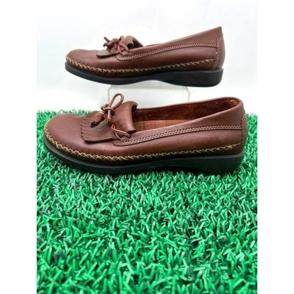Dexter Womens 7W Brown Leather Kiltie Tassel Loafers Whipstitch Slip On Shoes